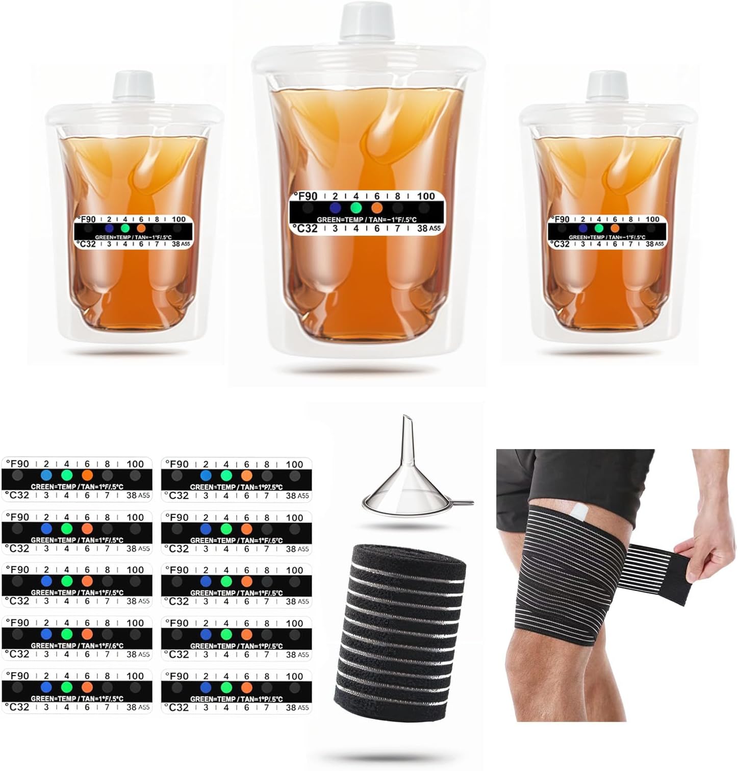 15 Pcs Urine Test Complete Kit Includes 3 Transparent Leakproof Bags,10 Adhesive Temperature Test Strips,47" Adjustable Leg Straps,Filling Funnel,Portable Travel Urine Test Bag(Hidden Style)