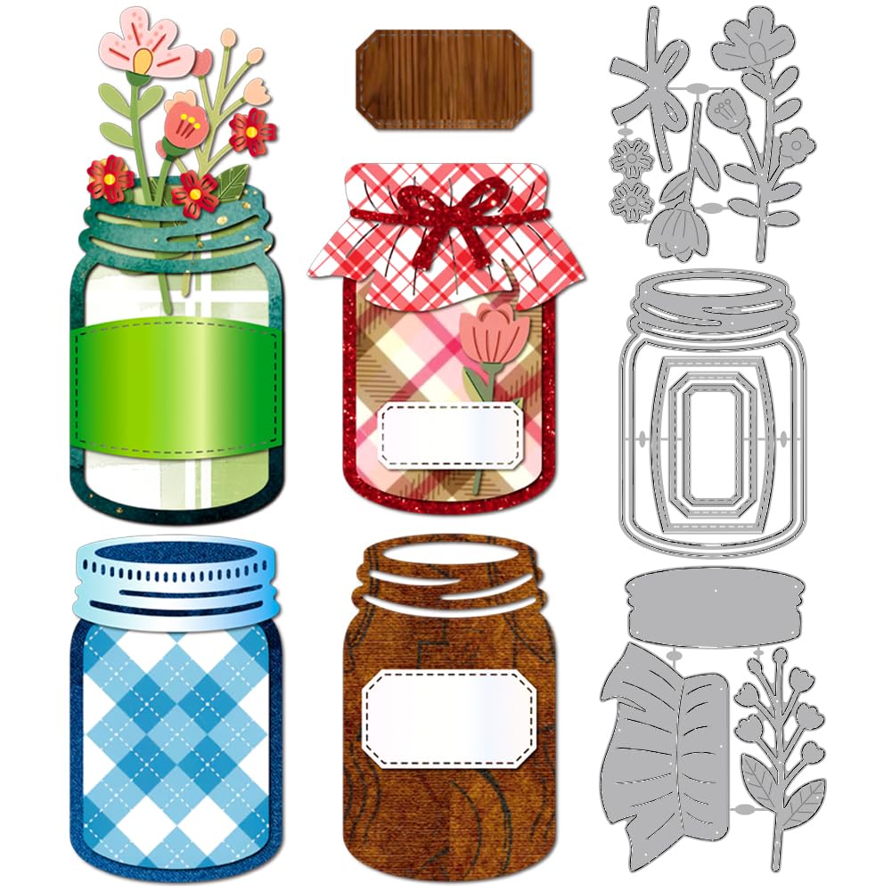 MAYJOYDIY Flower Jars Metal Cutting Dies Labeled Cans Die Cuts Stencils Mason Jars Embossing Template Dies for DIY Scrapbooking Album Decorative Embossing Paper Card Making