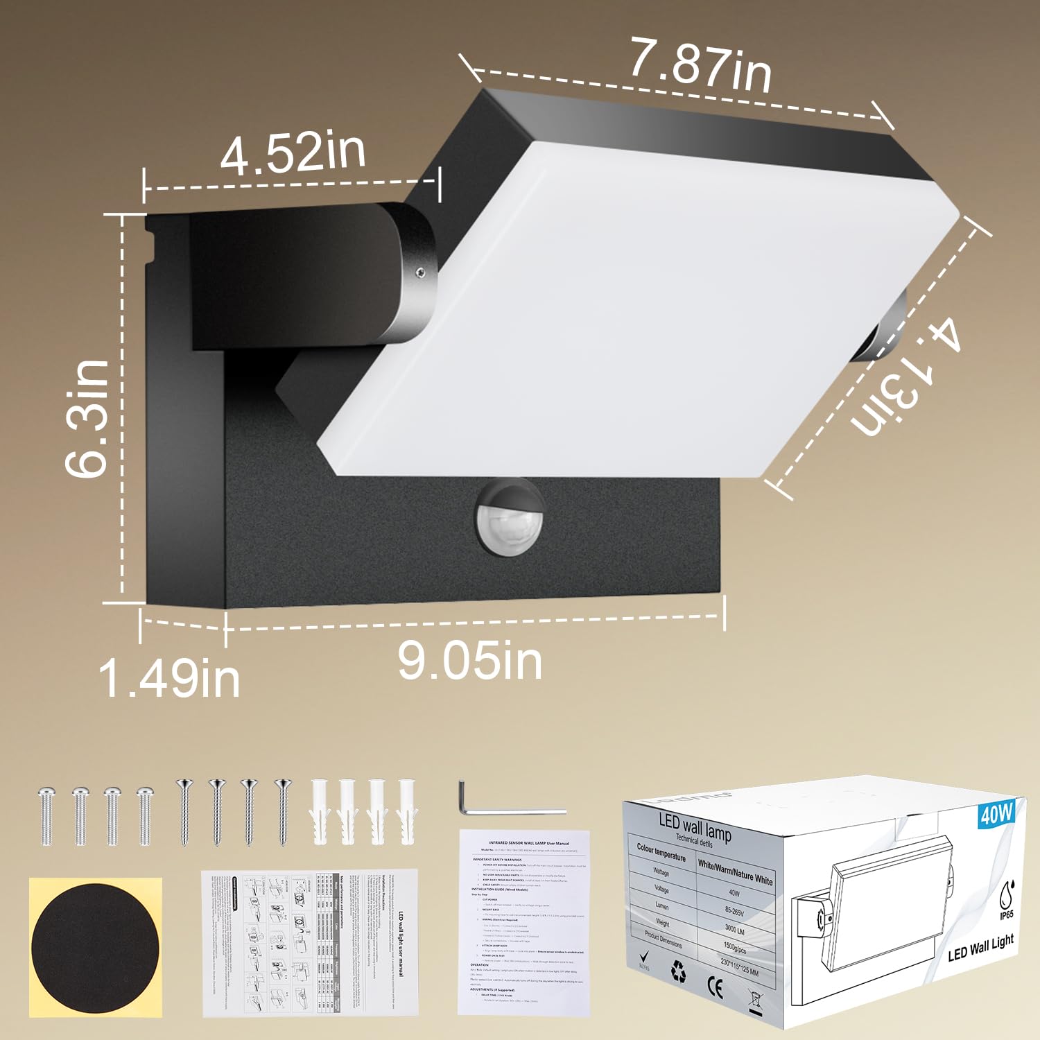 Kingwen Applique Murale LED Exterieure 40 W, Détecteur, 3000 K, IP65 | 3000 lm, détection 120° jusqu’à 5–8 m, panneau orientable à 360°, aluminium noir, classe E, pour entrée et garage