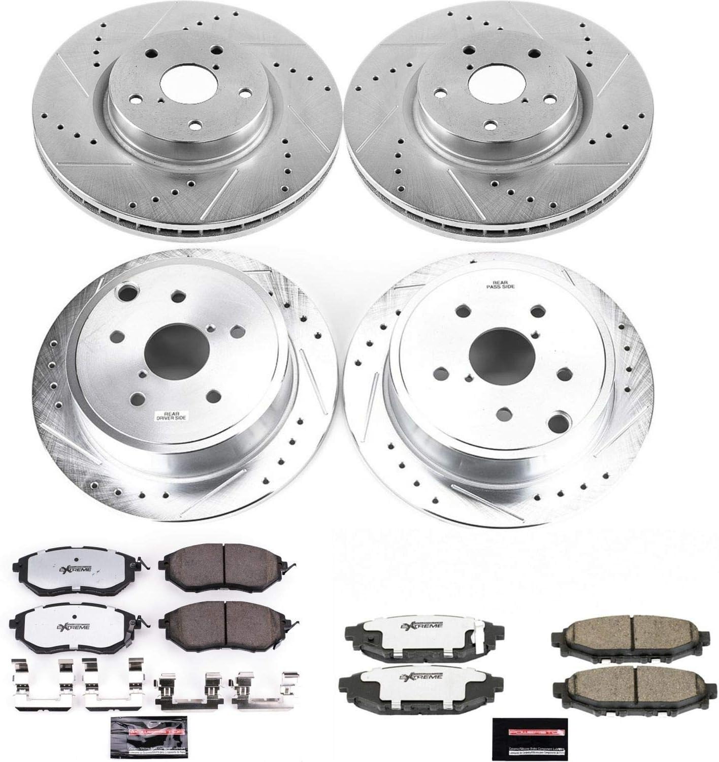 PowerStop Front and Rear Brake Kit For Subaru WRX 2015-21 - Carbon Fiber Ceramic Brake Pads + Drilled & Slotted Rotors Upgrade, K6932-26