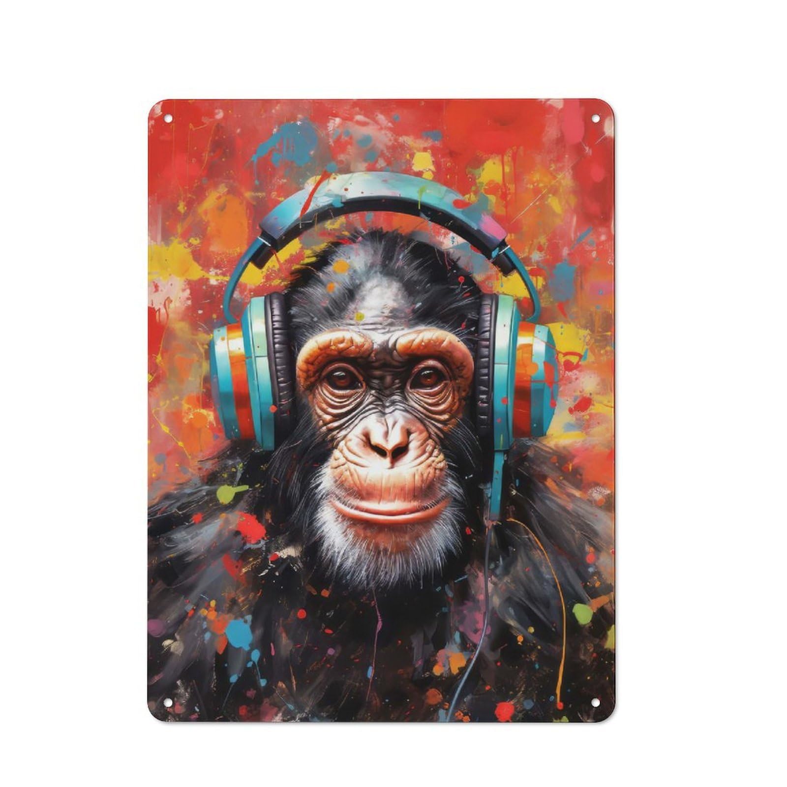 Junmoney Chimpanzee With Headphones Retro-Style Metal Plaque 40X30cm For Garage Or Workshop, For Garage, Workshop And Man Cave Decoration