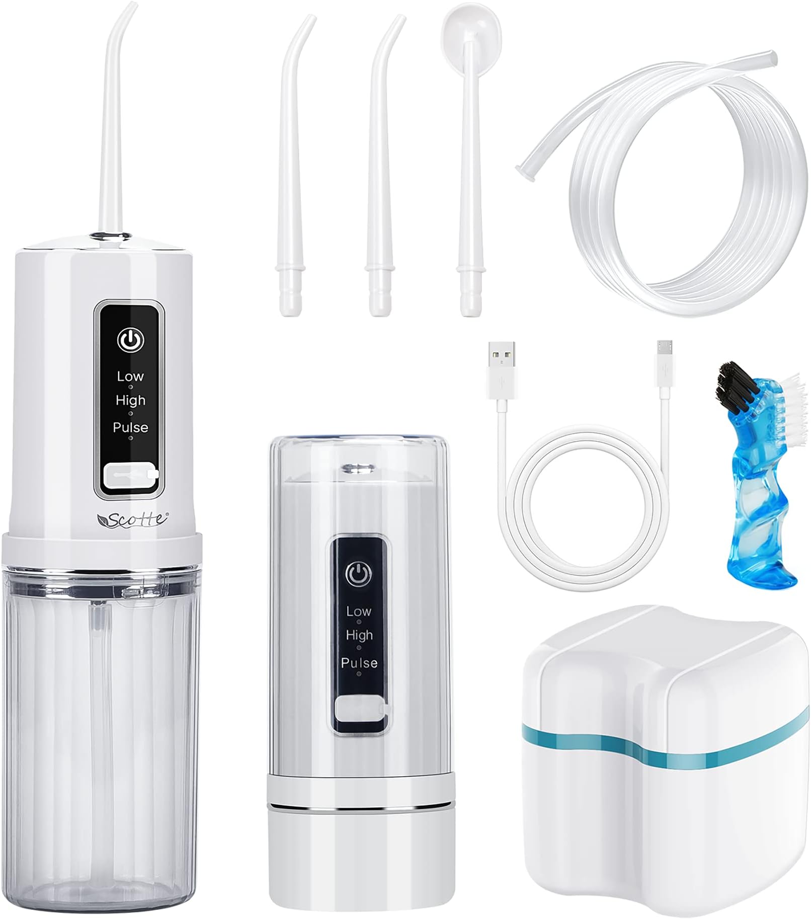 Scotte Water Flosser Cordless Foldable Oral Irrigator 3 Modes 4 Jet Tips Rechargeable Water Dental Flosser and Denture Case Portable Water Teeth Cleaner Pick for Home or Travel