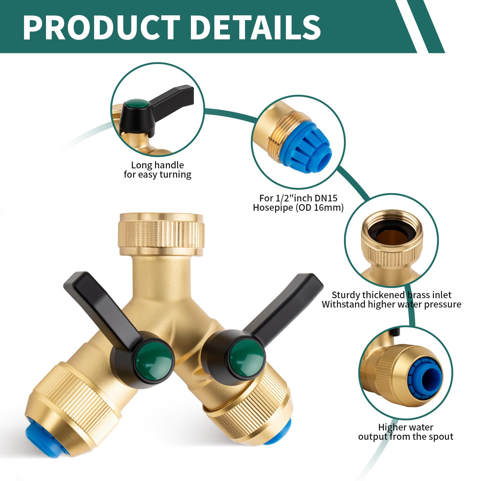 Tesmotor 2 Way Brass Tap Splitter, Garden Hose Y Splitter, 3/4" Y Type Tap Splitter with Shut-Off Valves, G2, G2 - Image 2