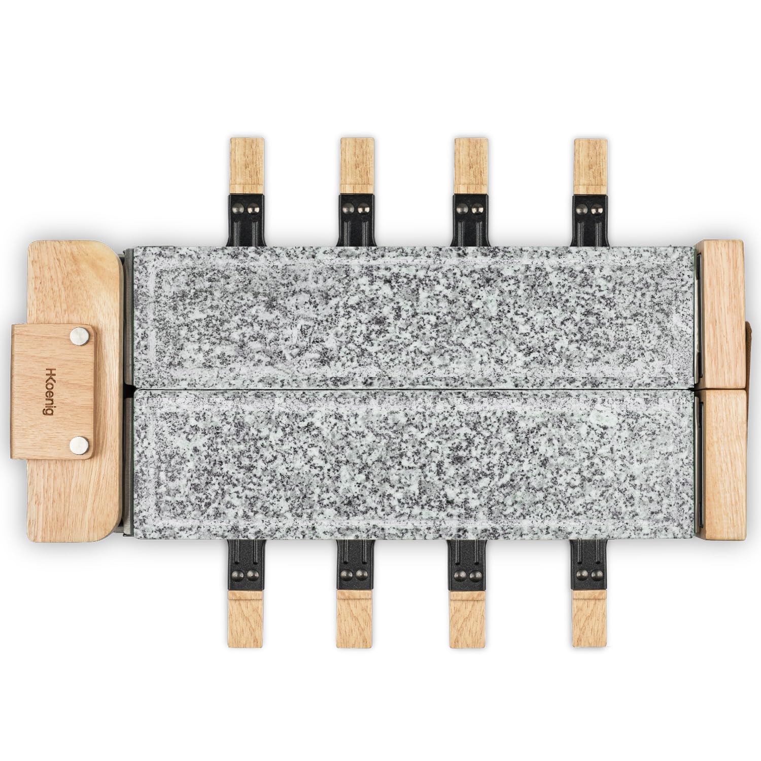 H.Koenig Grill Raclette WOD362 dla 8 osób – 1400 W – podwójna płyta grillowa z granitu, obrotowa podstawa (180°), 8 patelni z powłoką zapobiegającą przywieraniu, 8 szpatułek, fondue i funkcja sera