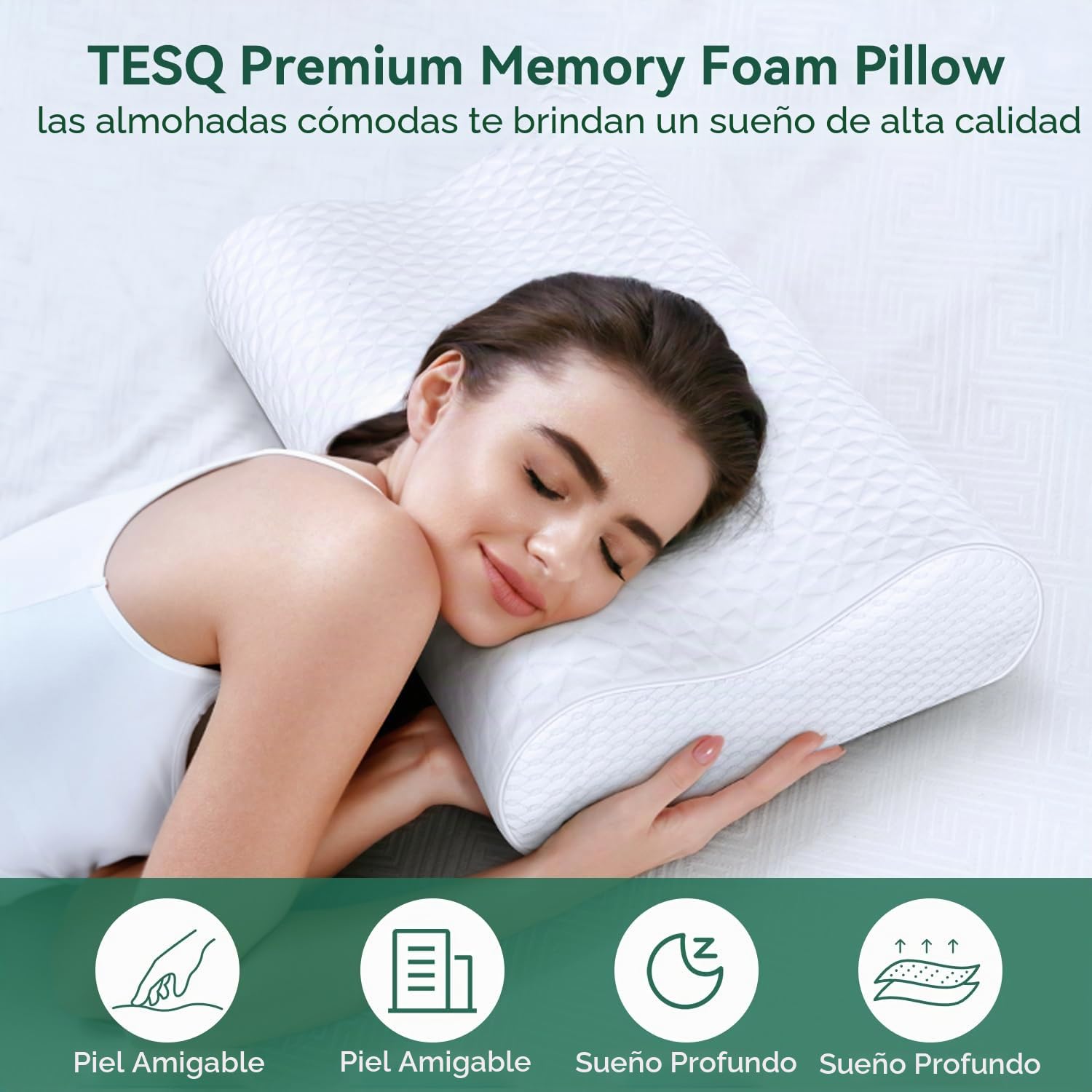 TESQ Almohada sándwich de Tres Capas: Fabricada con Espuma viscoelástica dinámica, diseñada ergonómicamente y con Contorno Ajustable, Adecuada para posición Lateral, Espalda y Boca Abajo.