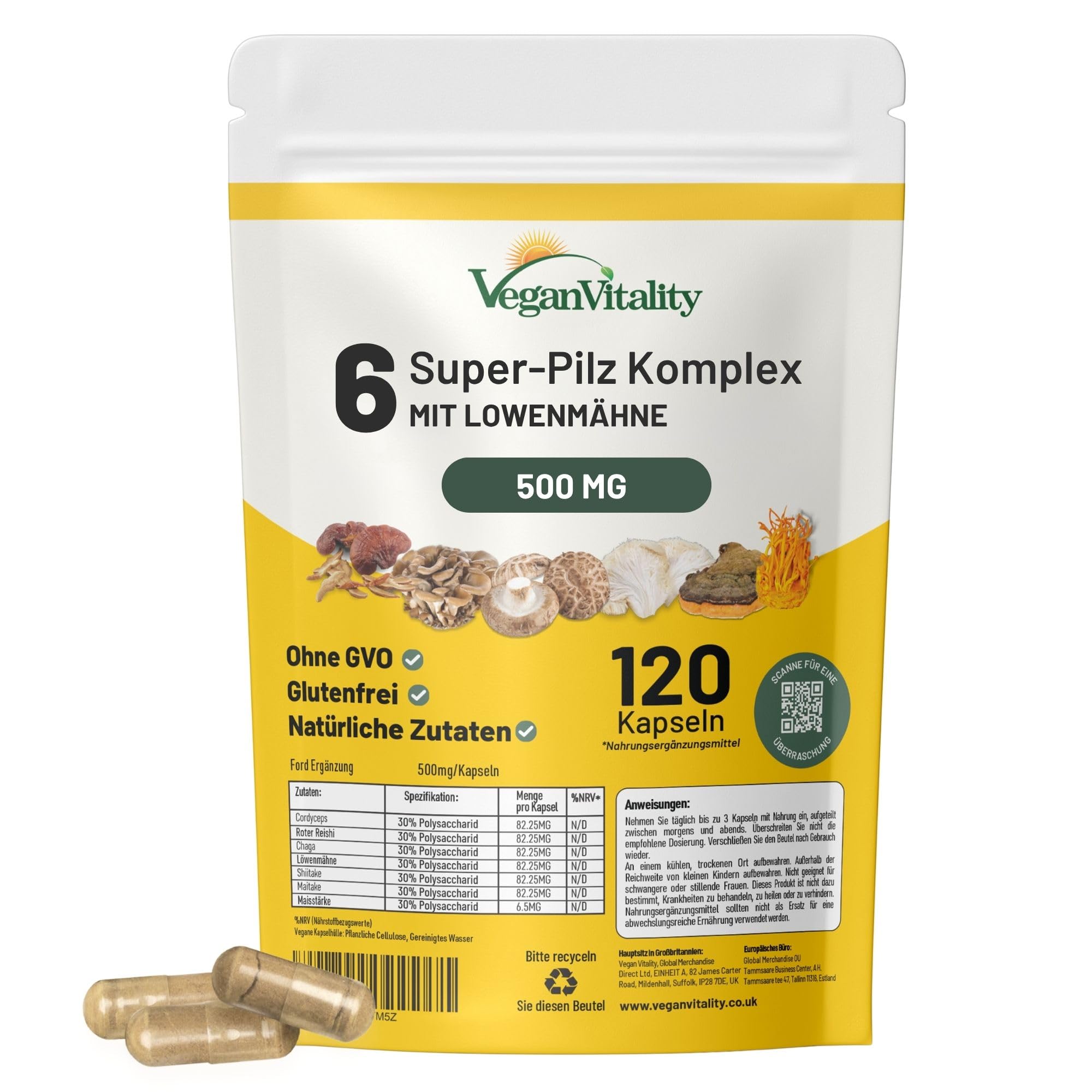 Pilz Komplex, 6 wichtige Pilz Complex als Pilz Kapseln, Lions Mane Kapseln, Reishi Pilz, Chaga extrakt, Shitake, Cordyceps und Maitake 120 Capsules
