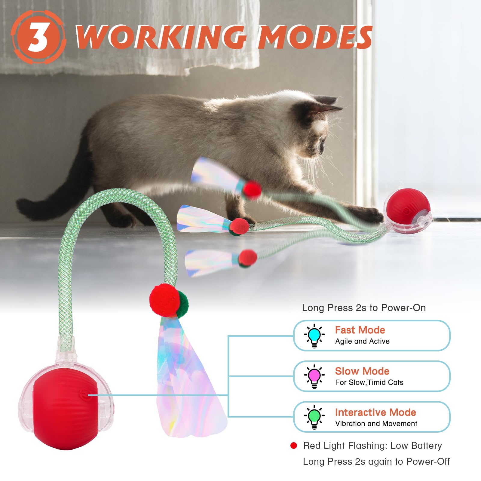 Interactive Cat Toys for Indoor Cats, Speedy Tail 2.0 Cat Toy, Smart Moving Ball Toys for Kitten Adult Cats with 2 Pcs Elastic Mesh Tail, Automatic Rolling Ball, Motion Activate, Rechargeable