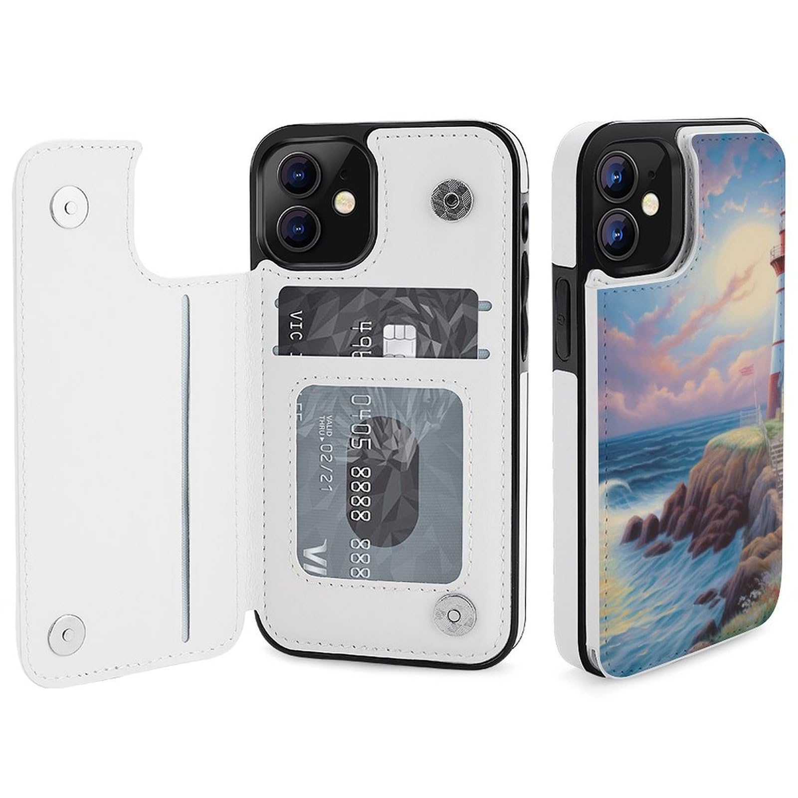 Funda tipo cartera para iPhone 12 Mini, diseño de faro, con estampado de diamantes, funda de piel con ranuras para tarjetas