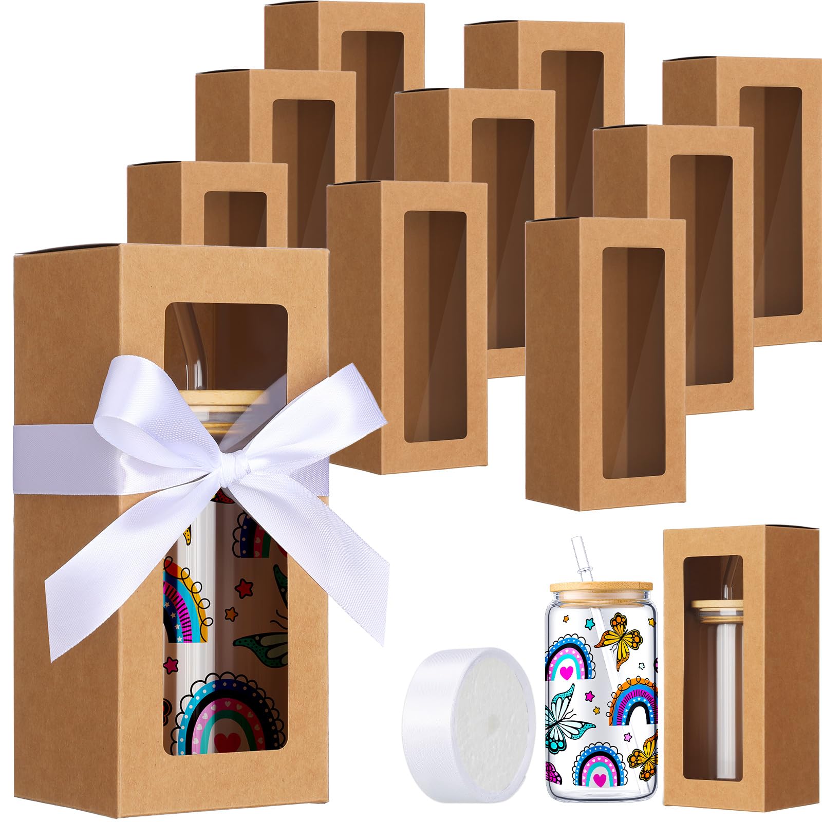 Honoson24 Pcs Tumbler Gift Box with Ribbon for Sublimation Glass Exhibition Boxes Transparent for 12oz 16oz 20oz Drinking Cup Glasses Jars Mug Can Blanks(Brown)