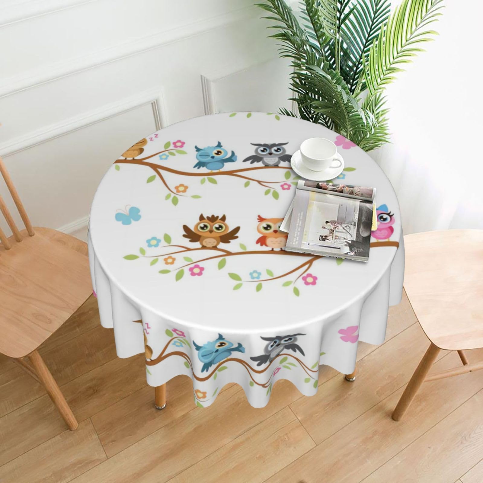 YYHWHJDE Owls On A Branch Prints Round Decorative Tablecloth 60in – Elevate Your Dining Experience with This Stunning Table Throw for Parties & Everyday Use
