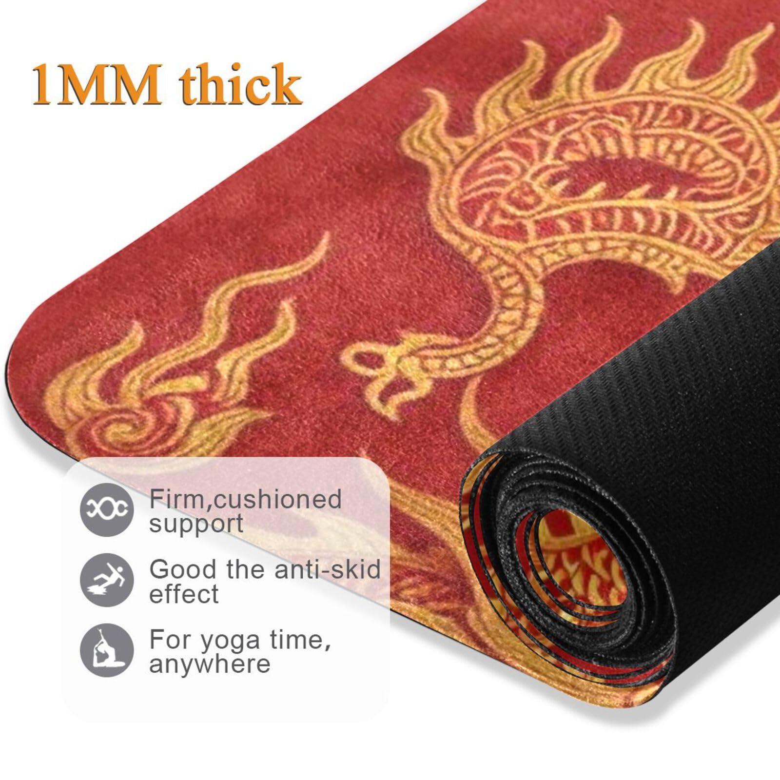 Alfombrillas de yoga impresas de lujo con diseño de dragón chino dorado y rojo, grosor de 1 mm de grosor, antideslizante, con bolsa de yoga para ejercicio, 180 x 66 cm