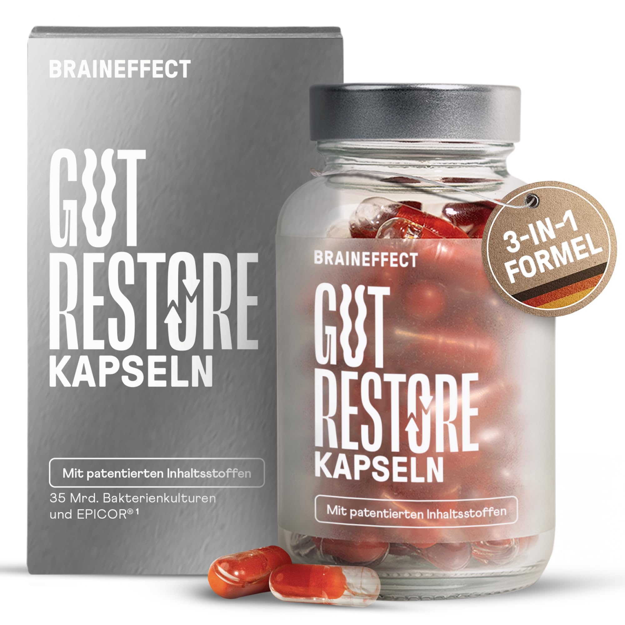 BRAINEFFECT Gut Restore | Darm im Ungleichgewicht? | 60 Kapseln | Vegan | Morgens 2 Kapseln, 4-12 Wochen Kur. 35 Mrd. Bakterien (4 Stämme) + EpiCor® + Niacin. Sinnvoll auch nach Antibiotika.