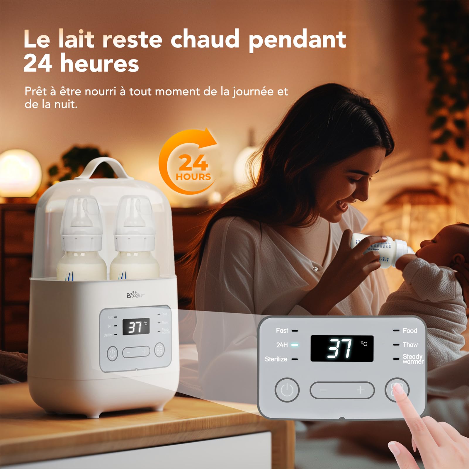 Bear 6-In-1 Chauffe Biberon,Sterilisation Biberon, Double Tasse，Chauffage 24 Heures, Chauffage/Décongélation Des Aliments, Rapide 3-7 Minutes，Stérilisation À La Vapeur À Haute Température 99.99%