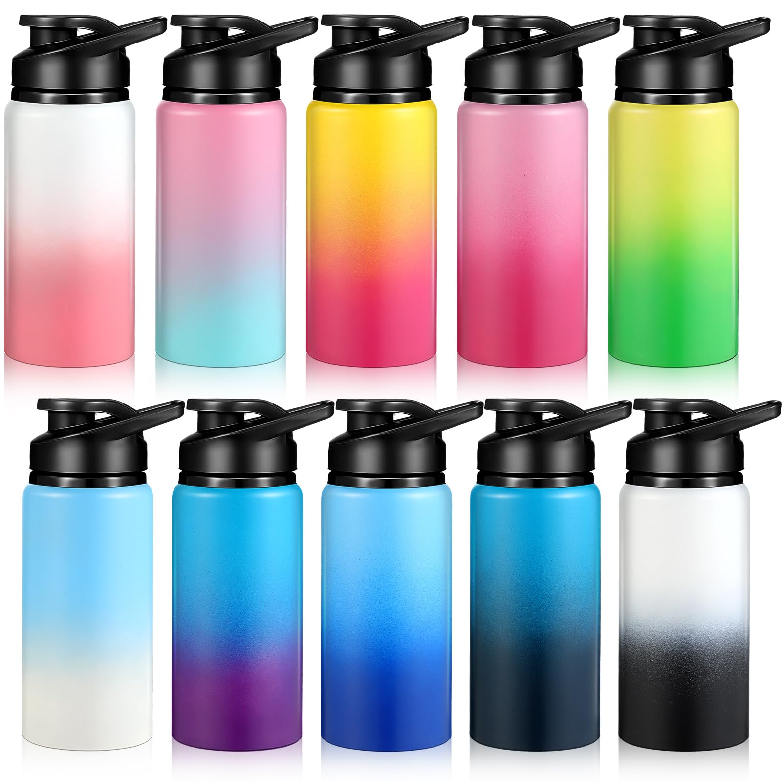 Mimorou Paquete de 10 botellas de agua de aluminio reutilizables a granel, multicolor, para deportes al aire libre, para viajes, gimnasio, ciclismo, camping, tapa a presión (color degradado, 17 onzas)