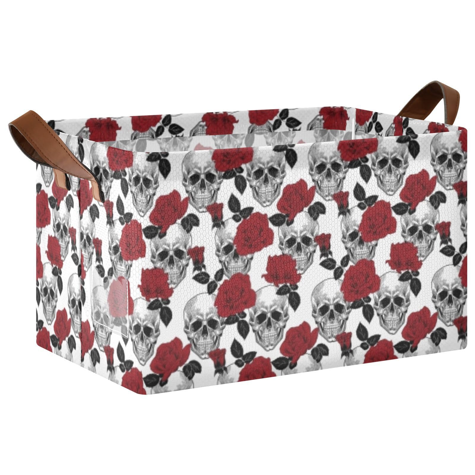 Grey Skulls and Red Roses Flower with Leaves on White 1PC Rectangle Foldable Frame Basket Leather Handles Storage Bin for Laundry Bathroom Organizer M 16.9 x 11.4 x 10 inch