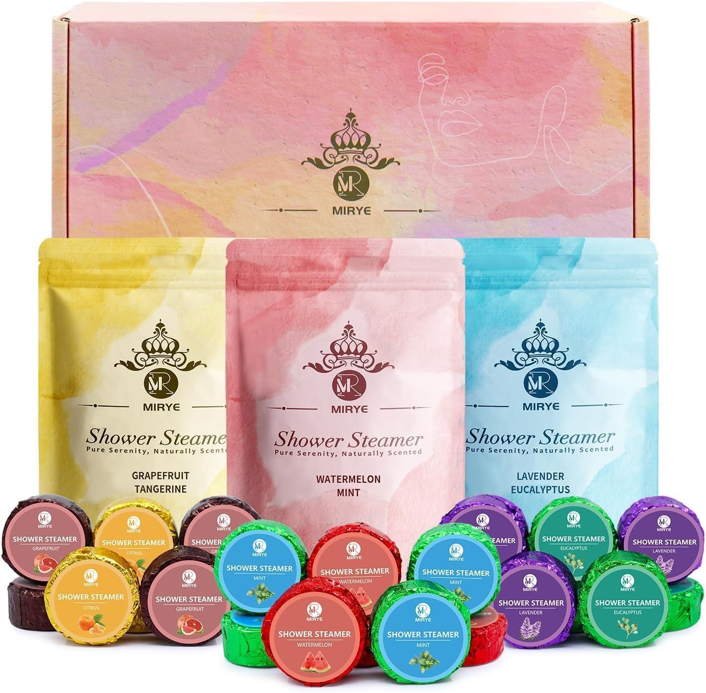 Shower Steamers Aromatherapie, Geschenke für Frauen Männer, Shower supplement Für Frauen, 24 Stück mit 6 Düften, Geburtstagsgeschenk für Freundin Mama, Home Spa Self Care Relaxation Valentine's Gift