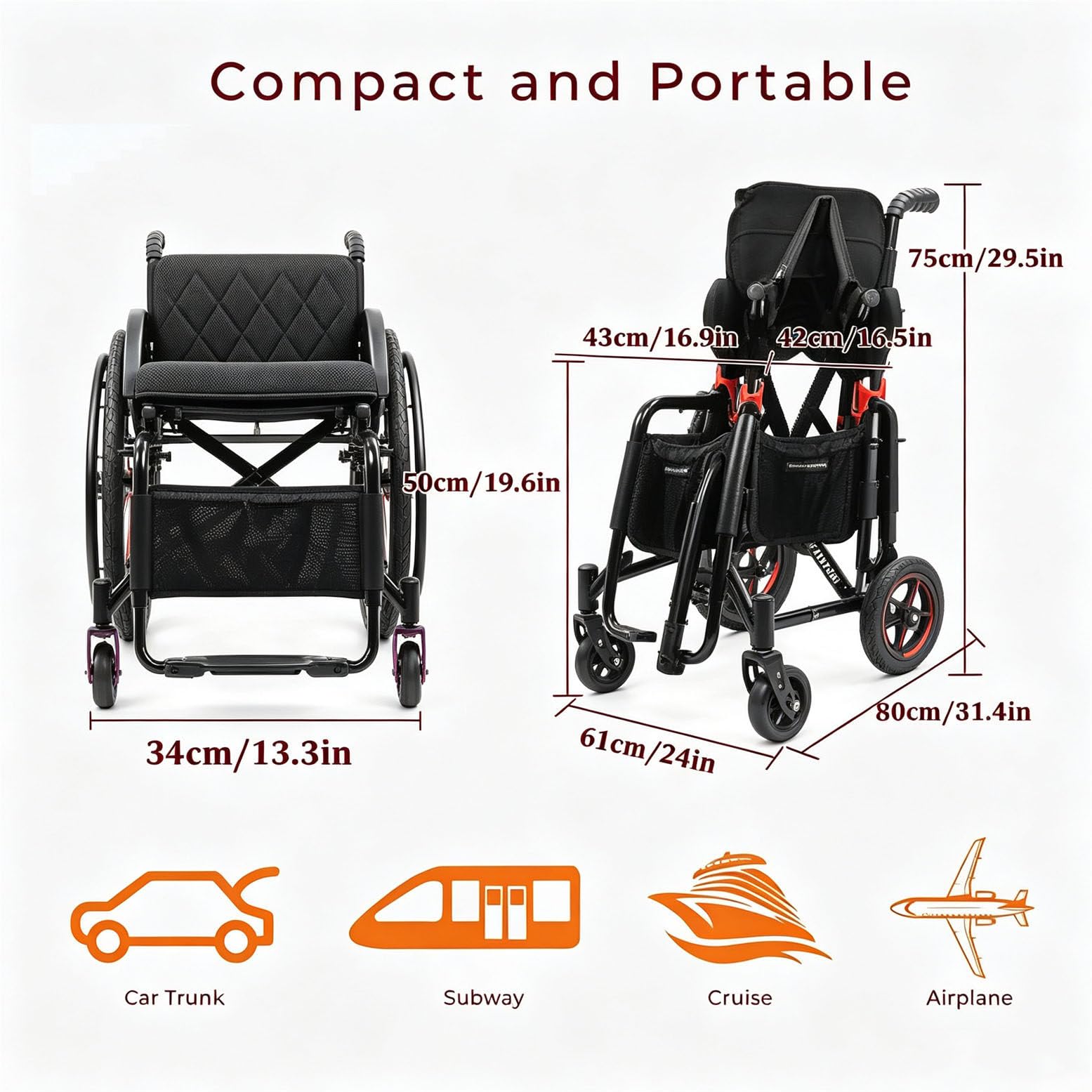 Carrozzina Sportiva Pieghevole per Trasporto 38cm/15in | Portata 100 kg, ruote posteriori da 24 pollici, carrozzina portatile per viaggi