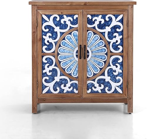 Miniatura 3 de GREEN PARTY Armario de almacenamiento estilo retro tallado con 2 puertas patrón de porcelana, organizador de almacenamiento independiente para