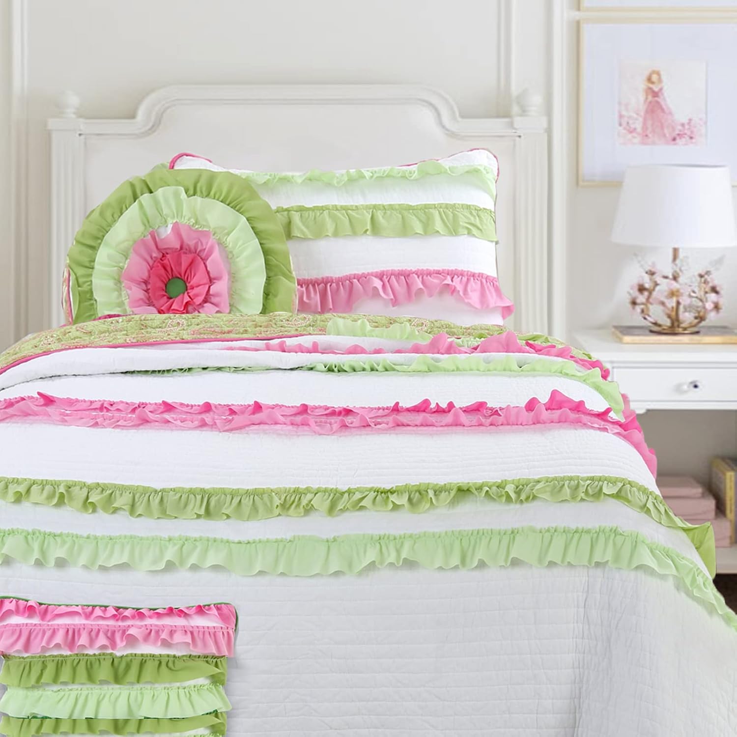 Pink Green Chic Ruffles Girl 100% Cotton Reversible Quilt Bedding Set, Coverlet, Bedspreads (Flamenco,Twin - 2 Piece)