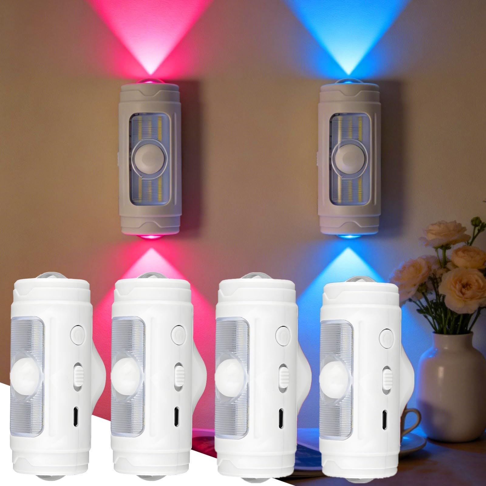 Veilleuse avec détecteur de mouvement, 7 couleurs RVB, intensité variable, détecteur de mouvement avec pad magnétique, 3 modes (Auto/ON/OFF), lampe murale sans fil rechargeable pour escalier, chambre