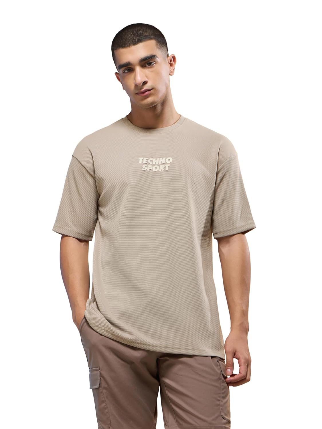 TECHNOSPORT Men Polyester Oversized Striped Crew Neck Half Sleeve T-Shirt with Technocool+, Quick Dry for Gym, Sports and Regular Use