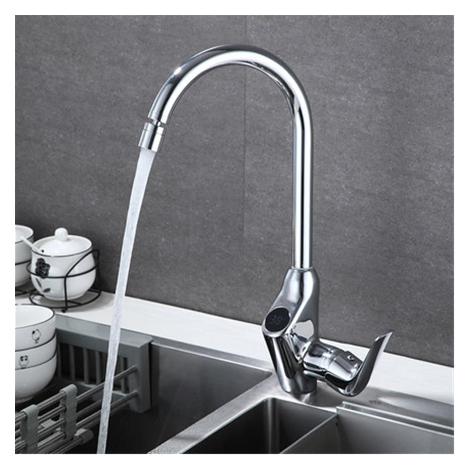 ZYCHSJXA Waterfall 3 Effluent Modes Faucet Basin Sink Single Hole PullOut with Digital Display All Copper Kitchen Faucet(C)