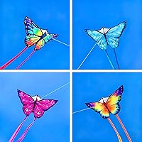 Vista 6 de Simxkai Cometa de mariposa para niños y adultos, fácil de volar azul cometa grande para principiantes, mango de línea incluido