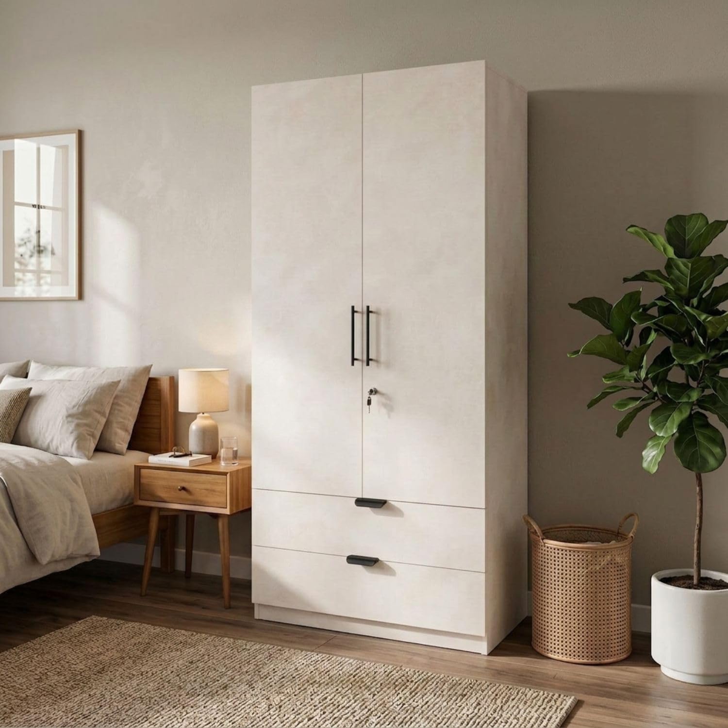 FFO Keris 2 Door Wooden Wardrobe with 2 Drawers, Hanging Rod & Storage Shelves | Modern Clothes Almirah Cabinet with Lock & Black Handles for Home White DIY.-image-48