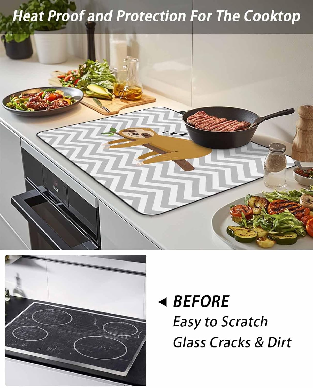 Cartoon Animals Stove Cover for Electric Stove, Brown Sleeping Lazy Sloths Grey Chevron Stove Top Cover for Glass Top, Heat Insulation Rubber Mat Foldable Cooktop Top Protector, 24"x21"