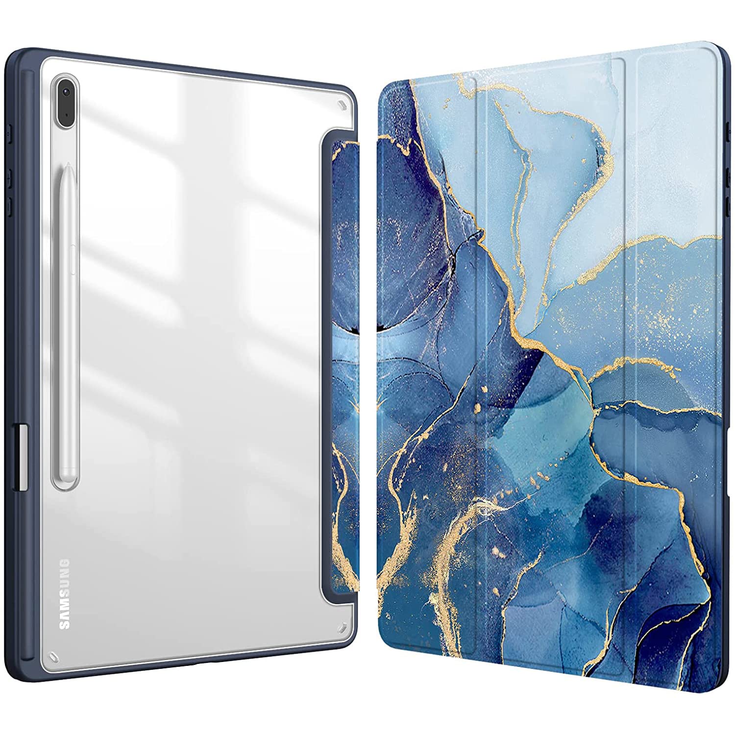 SwooK Hybrid Case for Samsung Galaxy Tab S8 Plus 2022 / S7 FE 2021/ S7 Plus 2020 12.4 inch with S Pen Holder Shockproof Clear Back Shell Auto Wake/Sleep Flip Cover Case (Ocean Marble)-image-43