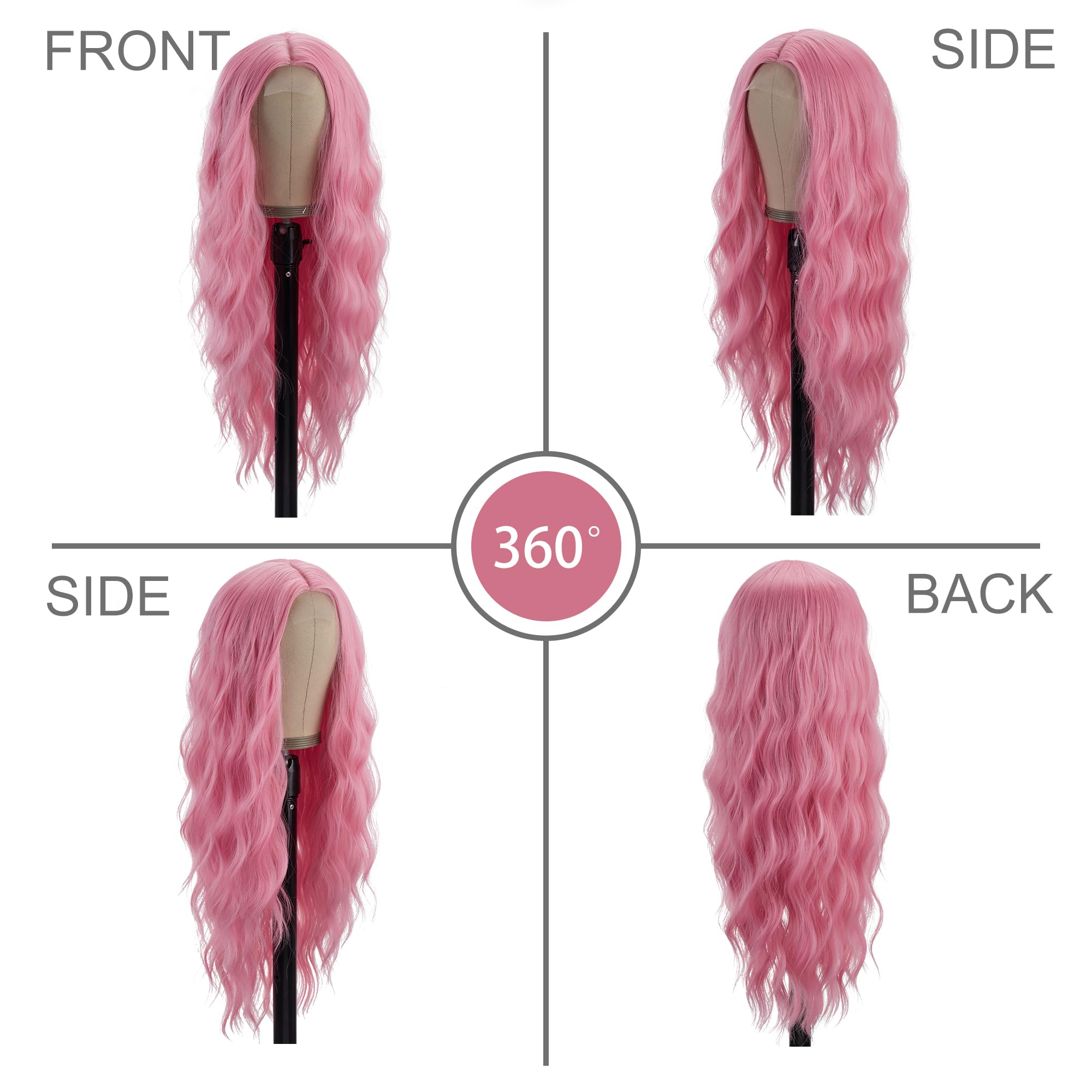 PORSMEER Long Pink Wavy Wig for Women 26 Inch Middle Part Curly Natural Looking Synthetic Heat Resistant Fiber for Daily Party Use - Image 3