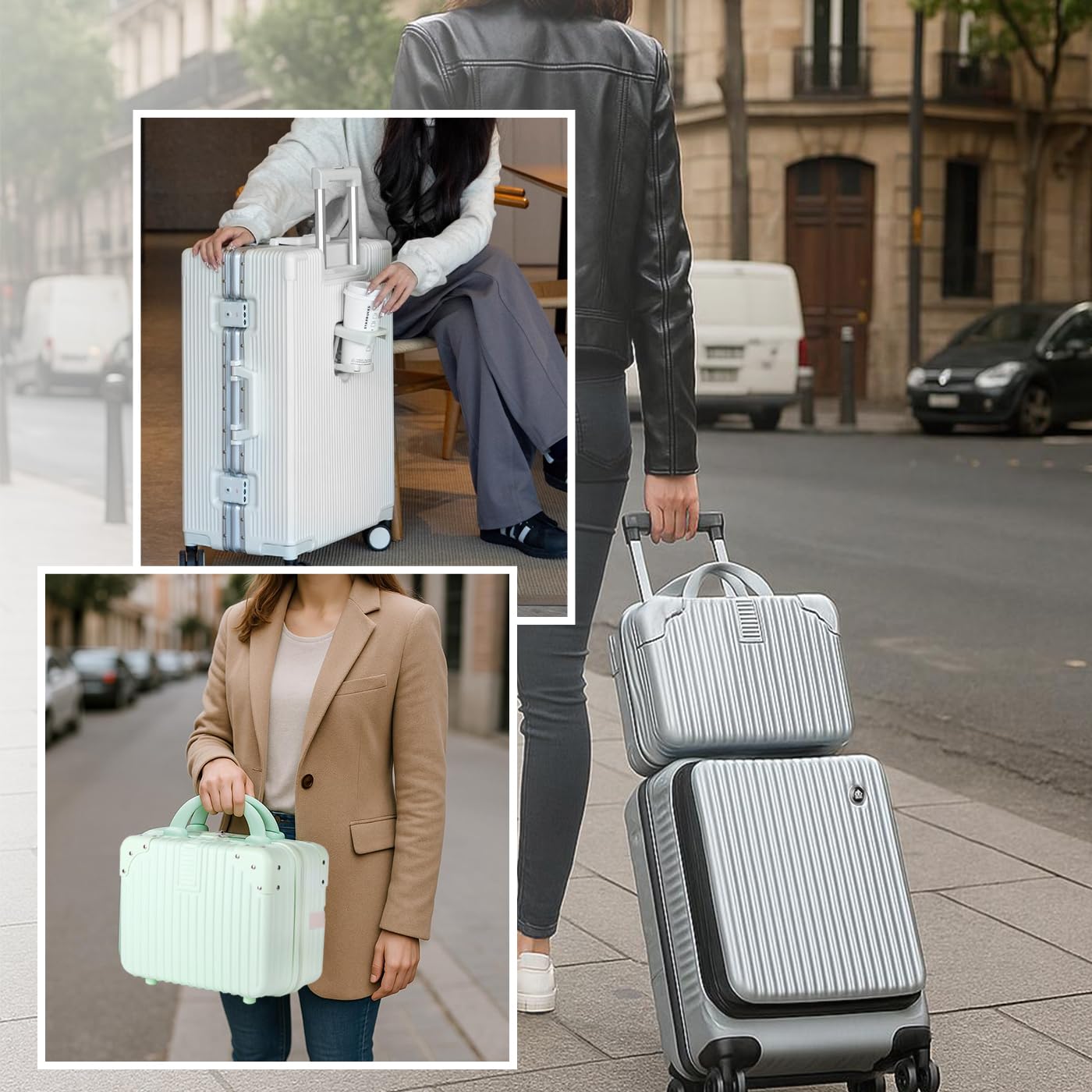 MERCURY TEXTIL-Juego de 3 Maletas de Viaje Cabina, Grande y Neceser de Policarbonato y ABS. Maletas Multifunción con USB, Múltiples Compartimientos con Bolsillo Frontal y Portavasos (Verde)