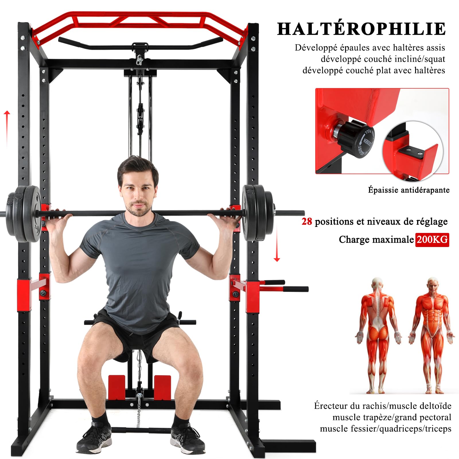 ISE Cage de Musculation Power Rack Cage Squat, Station de Musculation, Barre de Traction et Dips, Barre Multi-Prises et Maintien des Jambes Réglable, Cage Musculation Acier, Rack Musculation