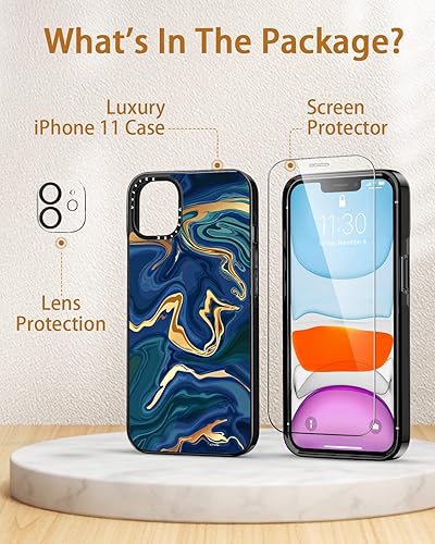 Miniatura 6 de VeJerKK Funda 3 en 1 compatible con iPhone 11, mármol índigo dorado con parachoques integrado, funda protectora diseñada para iPhone 11, protector