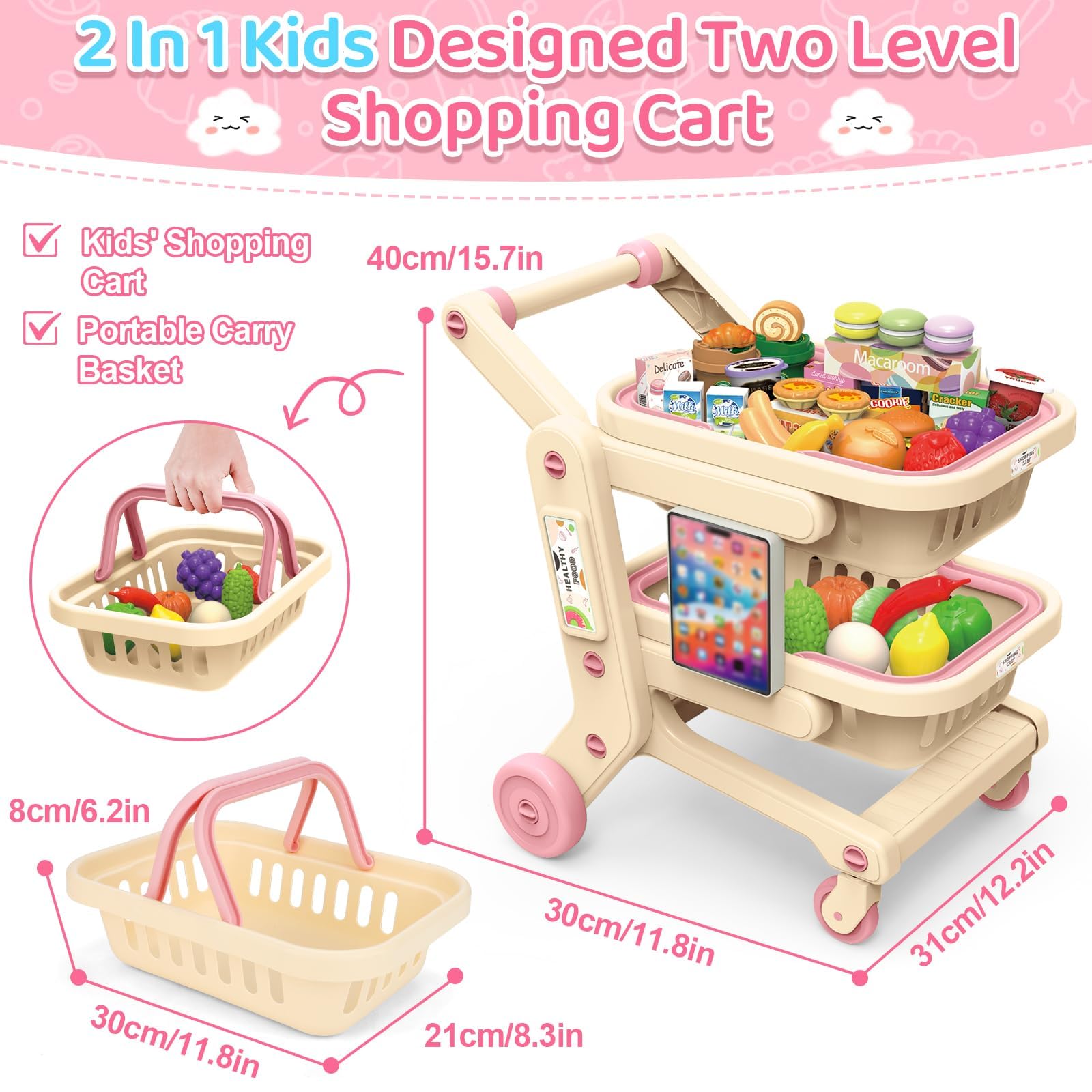 deAO Carrello Spesa Bambini con Frutta, Verdura | Carrello Spesa Giocattolo Bambini Gioco di Ruolo Cestino Della Spesa Portatile 2 Ripiani Dotato di Ruote Scorrevoli
