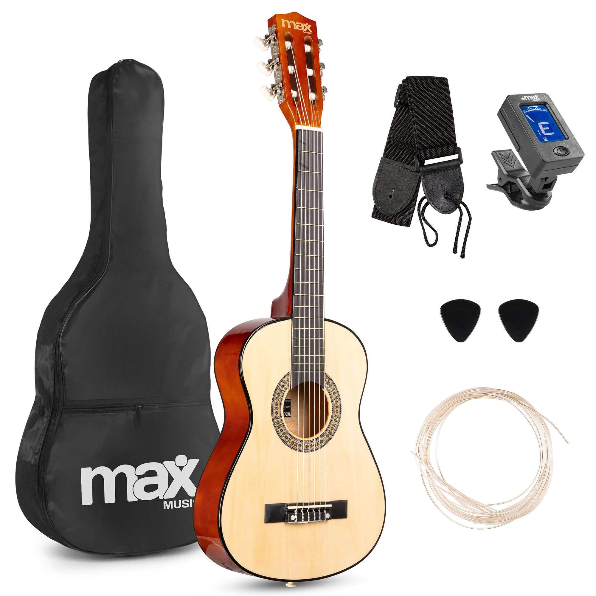 MAX SoloArt Junior 1/4 Guitarra Clásica para Niños de 3 a 6 Años - Set Completo con Funda Mochila, Soporte MAX GP20, Afinador Clip, Púas y Cuerdas Nailon - Ideal para Principiantes Infantiles