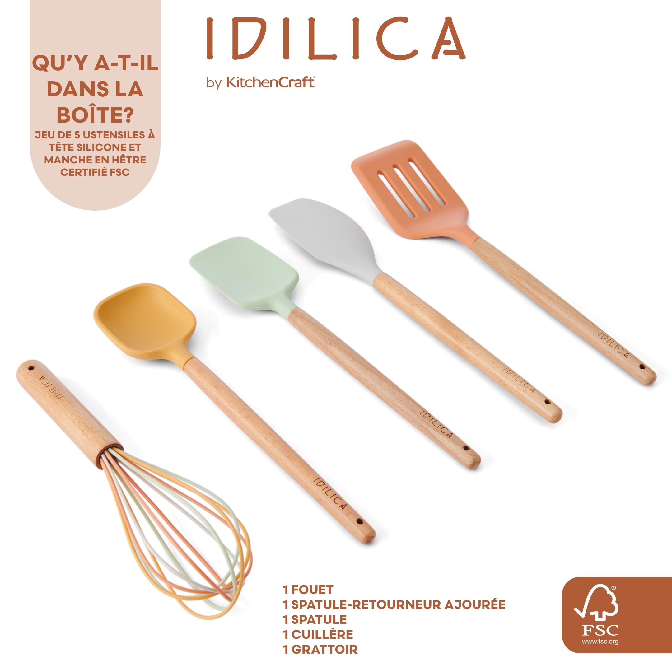 KitchenCraft Idilica Silicone Tool Set, 5pc Cooking Utensil Set with FSC Beechwood Handles, Multi-Colour Kitchen Tools
