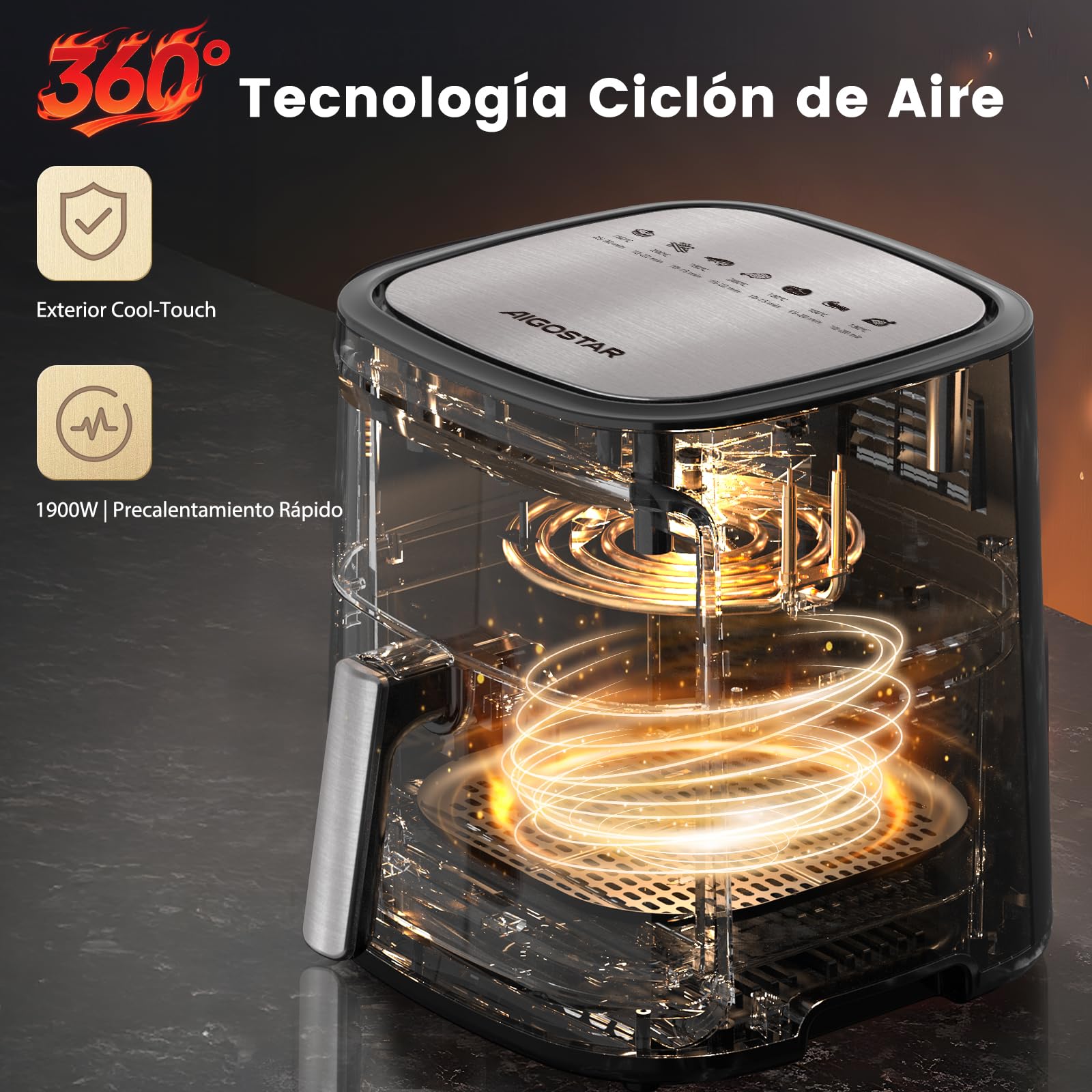 Aigostar Cube Pro - Freidora de Aire 1900W, 7L - Tecnología de Circulación de Aire 360°, Freidora Sin Aceite Eléctrica, Horno de Aire Caliente, 80-200ºC, Panel LED Táctil, Eficiencia Energética