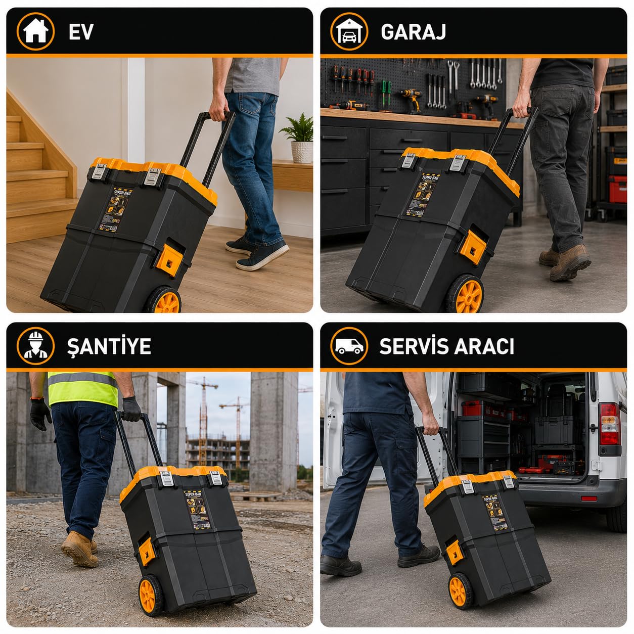 Super Bag Çift Katlı Tekerlekli Takım Çantası, Çekilebilir Saplı Modüler Alet Kutusu, Üst Organizer Bölmeli, Büyük Hacimli Depolama Çantası ASR5039
