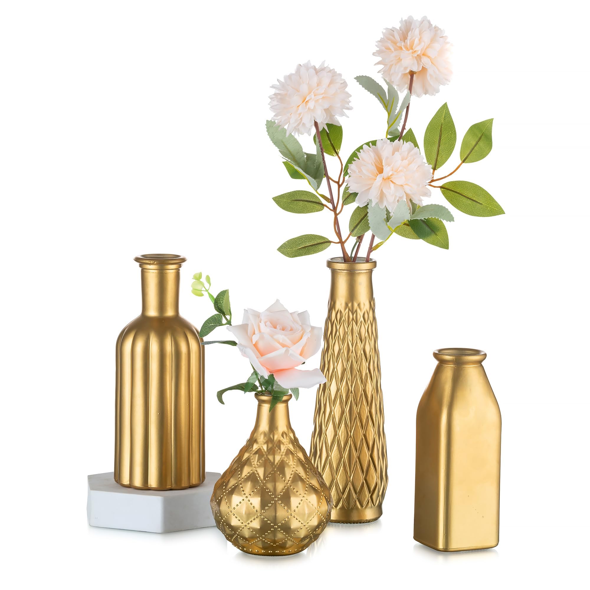 Inweder Gold Bud Vases for Table Centrepiece: 4 Pcs Glass Flower Vase