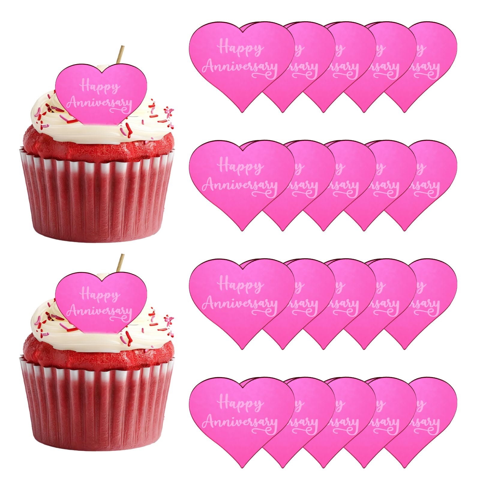 sourcing map 20Pcs Acrylic Mirror Cake Toppers, Happy Anniversary Cupcake Toppers Heart Shapes Laser Picks Dessert Decorations for Celebrating Party Wedding Shower, 059-Rose Red