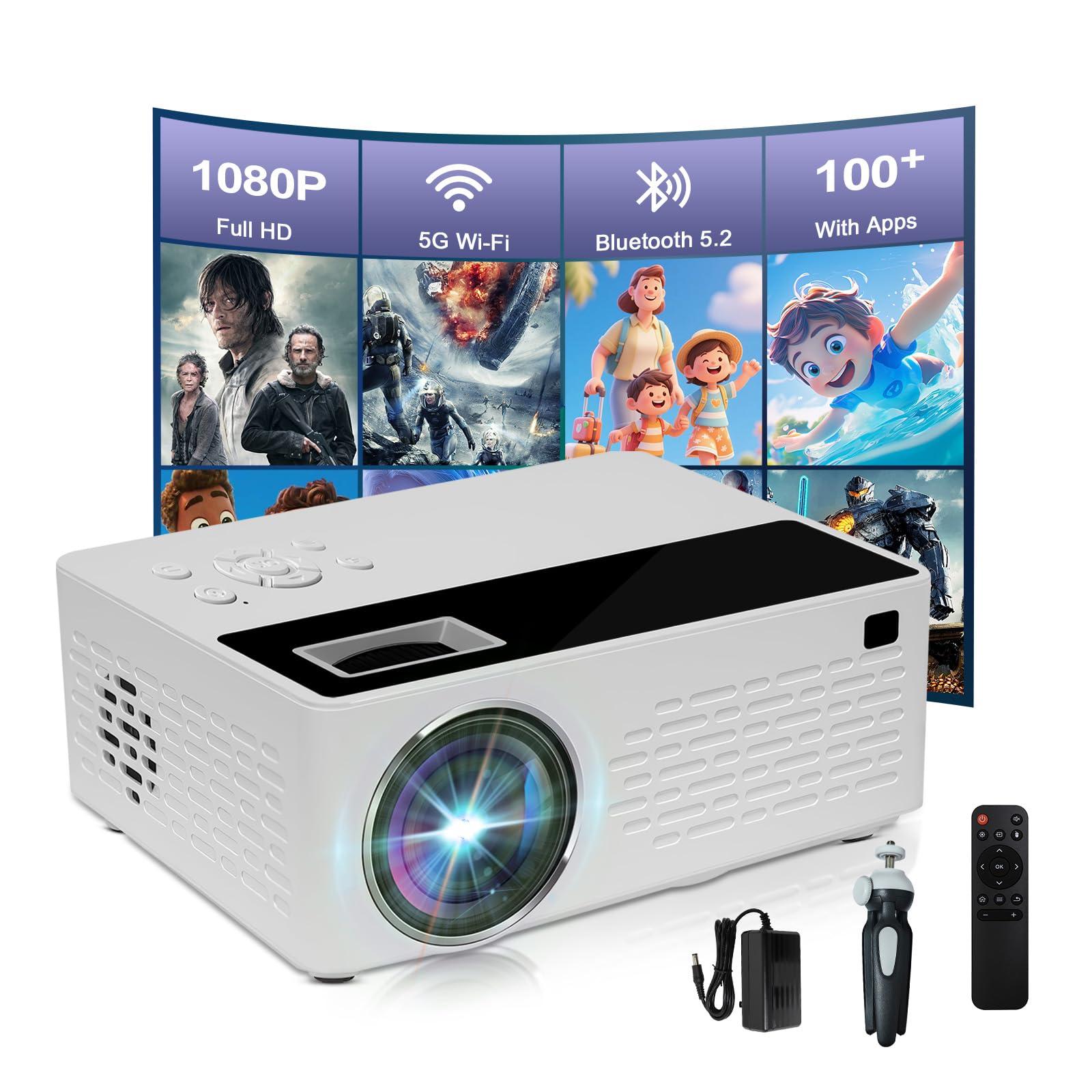 [Built-in Apps] 5G WiFi Bluetooth Smart Projector,Comes with a mini stand ,Mini Projector with Stereo Speaker,4K support HD Portable Projector,