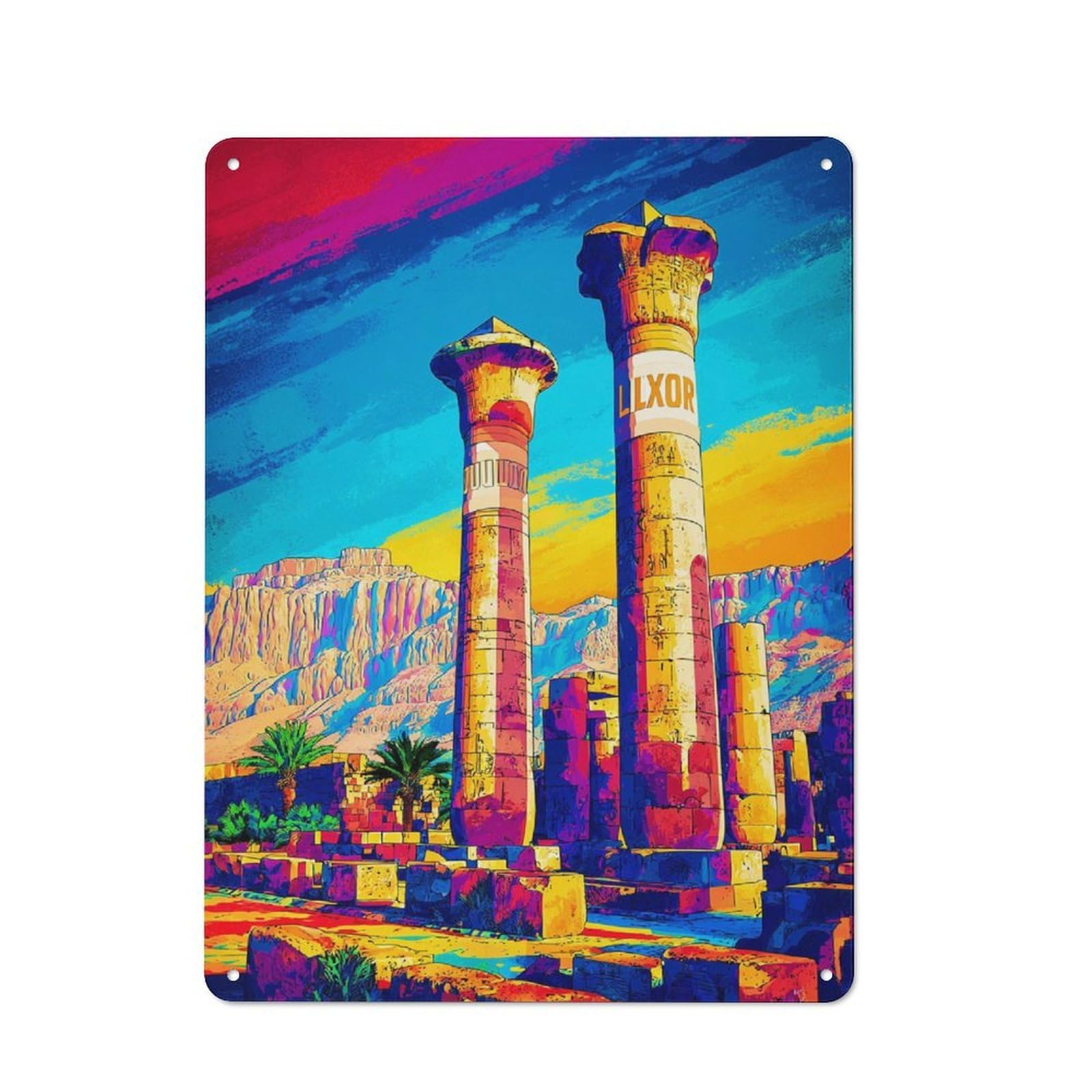 Junmoney Colorful Luxor Temple Ruins Character Decorative Tin Plaque 40X30cm Featuring Small Space Decor For Bedroom, Kitchen, Office Or Living Room