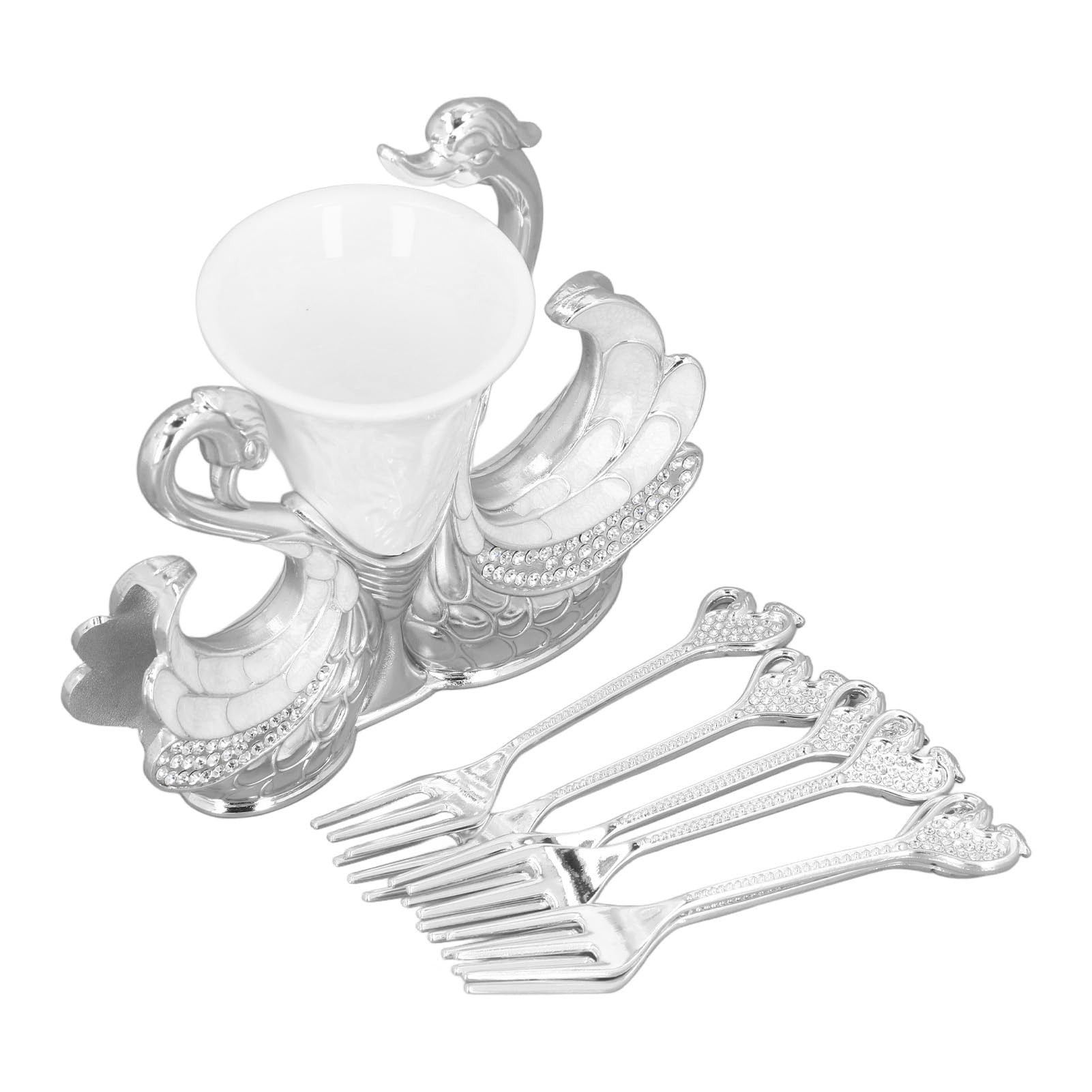 Set Posate Con Portacucchiaio A Forma Di Cigno – 6 Cucchiai In Acciaio Inox E Supporto In Lega Di Zinco – Oro - 2