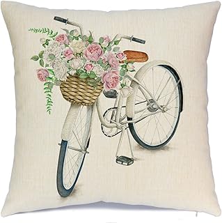 AENEY White Bicycle Flower Vintage Spring Home Decorative Throw Pillow Case Cushion Cover Cotton Linen Home Decor for Couc...
