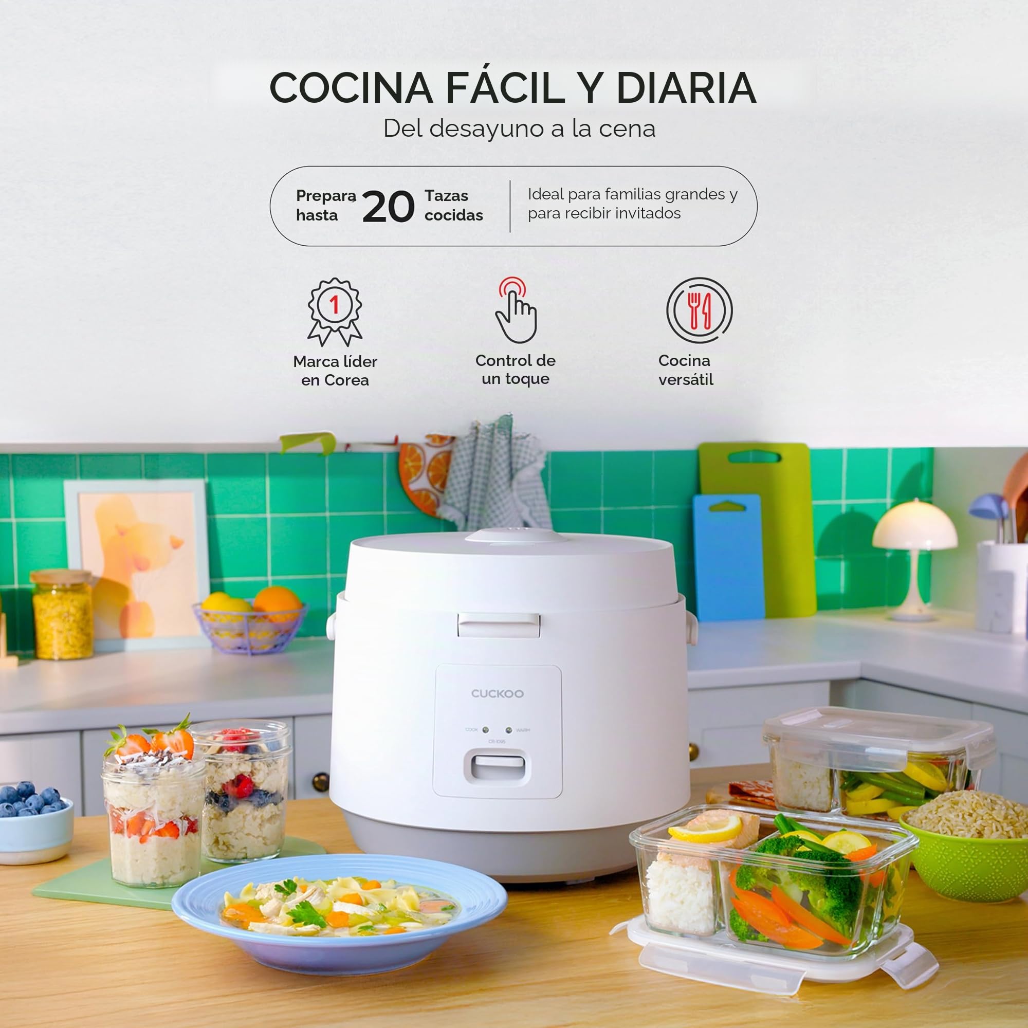 CUCKOO CR-1095 - Arrocera básica y calentador de 10 tazas (sin cocinar) / 20 tazas (cocidas) con olla interior antiadherente, prensa de interruptor (blanco)
