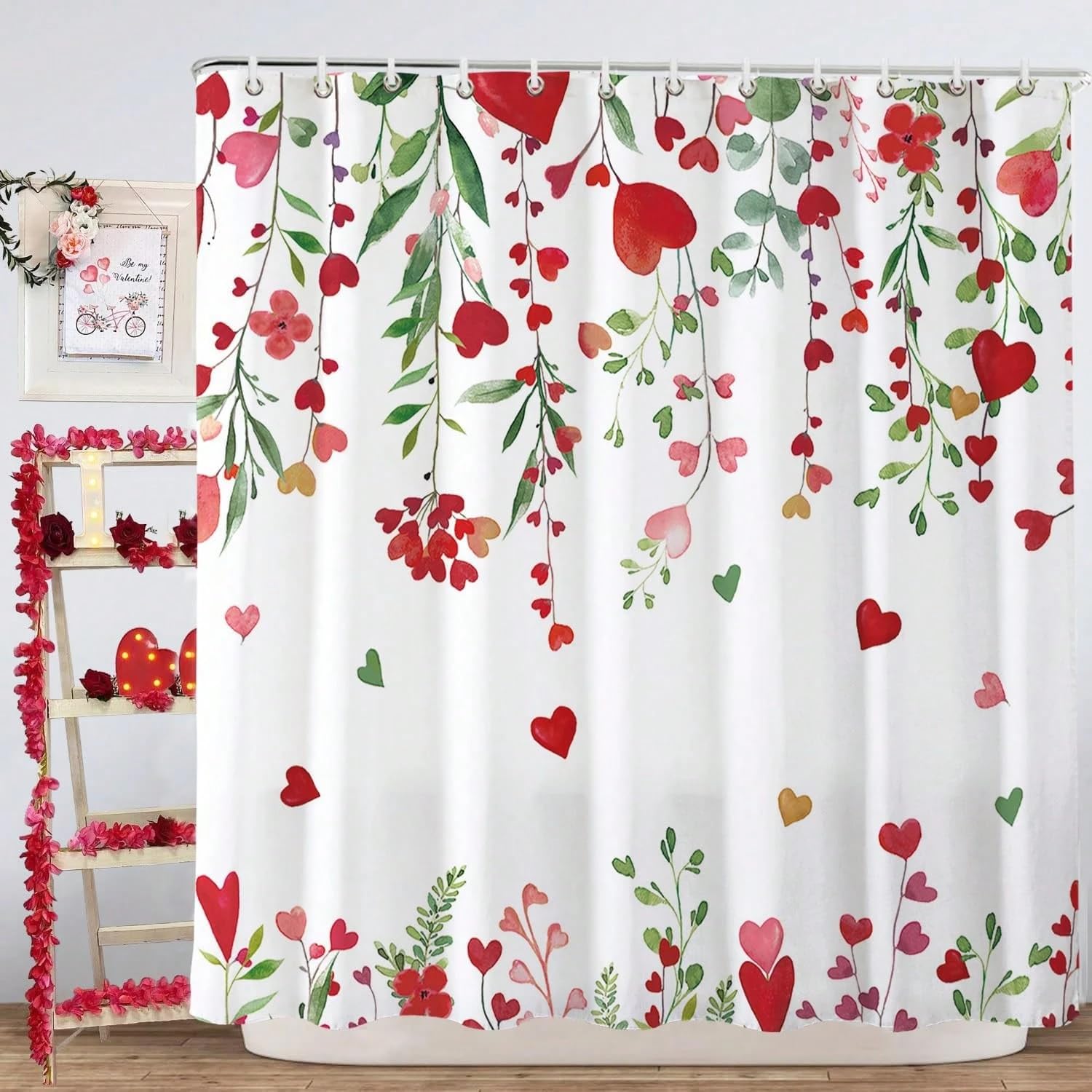 GLKSDLPO 1pc Plant Themed Shower Curtain, Elegant Plant & Heart Print Shower Curtain, Suitable For Bathroom Decor, General Room Decor(91x210cm/36x83in(WxH)