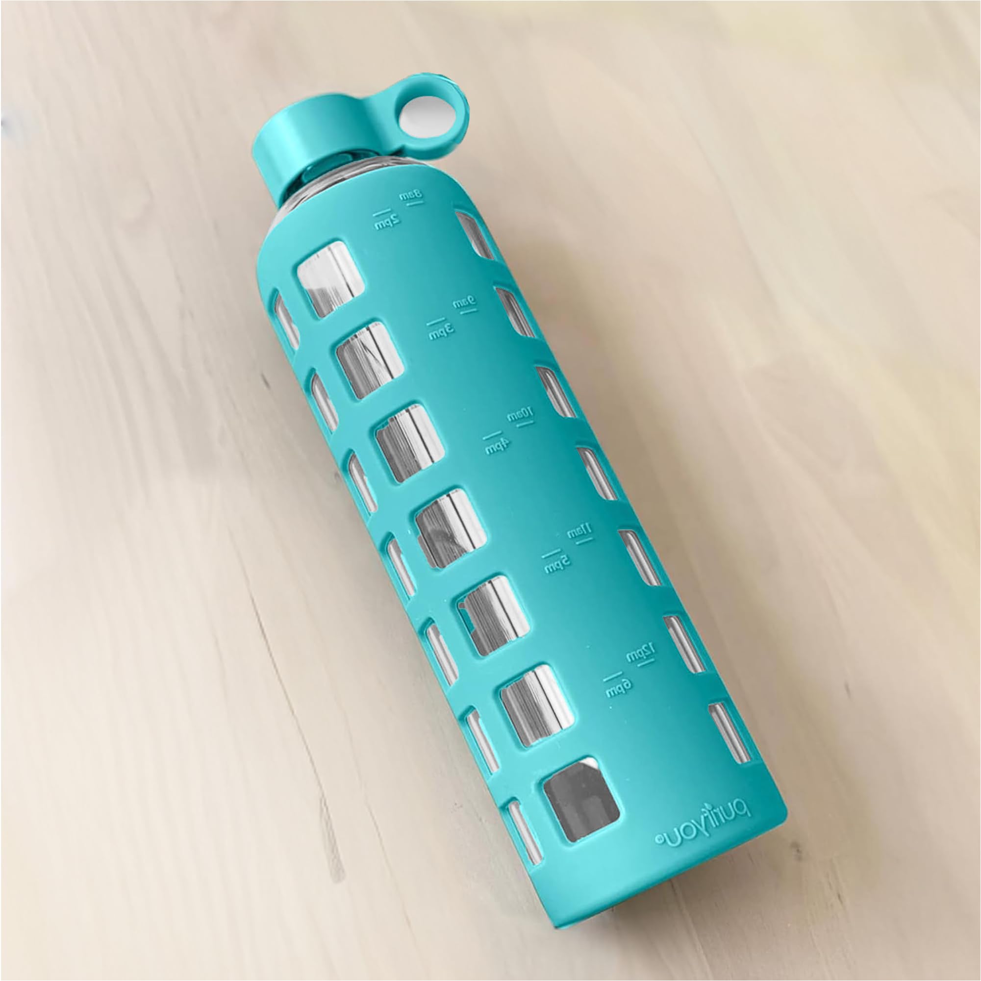 purifyou Wasserflasche aus Borosilikatglas mit Zeit- und Volumenmarkierungen, Silikonhülle, Edelstahldeckel, wiederverwendbare Glasflasche für Wasser und Saft, 1,1 l, 907 ml, 340 ml, Aquablau