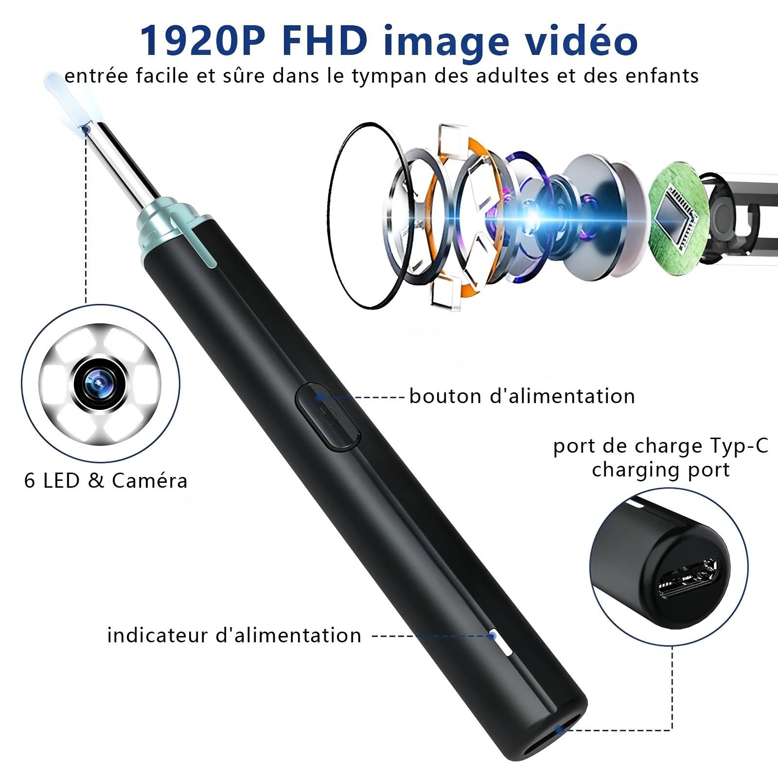 Otoscope Oreille, Nettoyeur Oreille Camera 1920P HD IP67 Étanche, Nettoyage Oreille Cure Oreille Camera avec 6 LED Avec 7 Accessoires Cure Oreille aux IOS et Android (Noir)