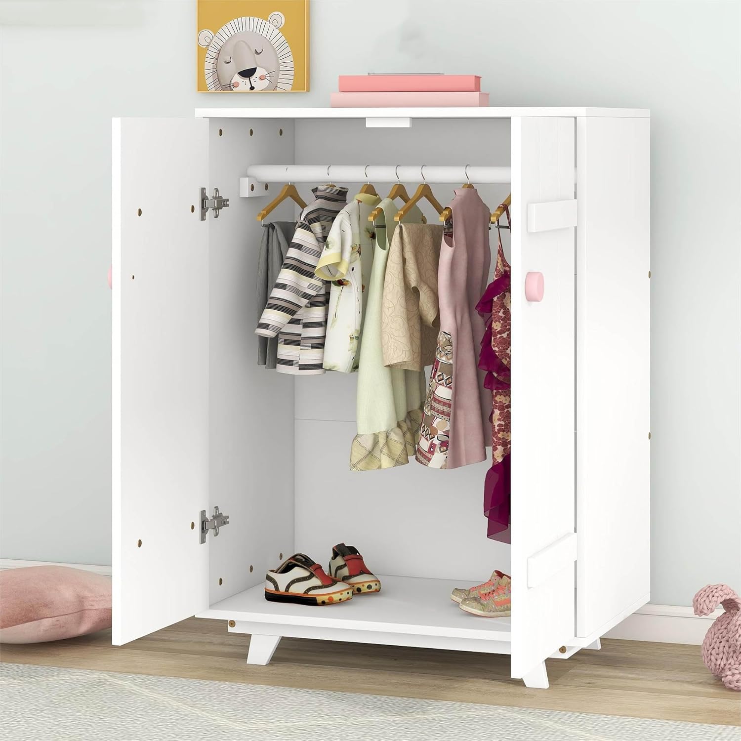 RIDFY Wooden Kids Wardrobe with Hanging Rod,Freestanding with 2 Doors,Dress